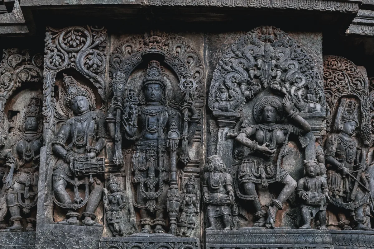 Detailed Hoysala sculptures at Halebidu in Hassan district